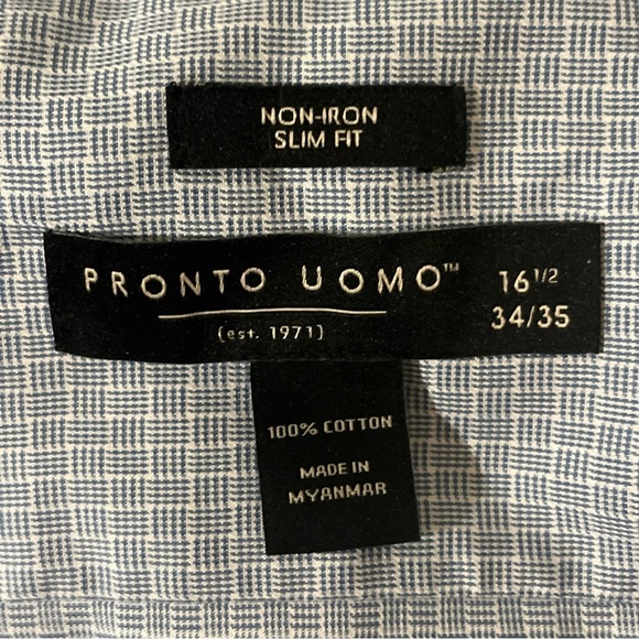 Pronto Uomo Non-Iron Slim Fit Blue Checkered Dress Shirt Size 16.5 34/35 - Picture 6 of 6